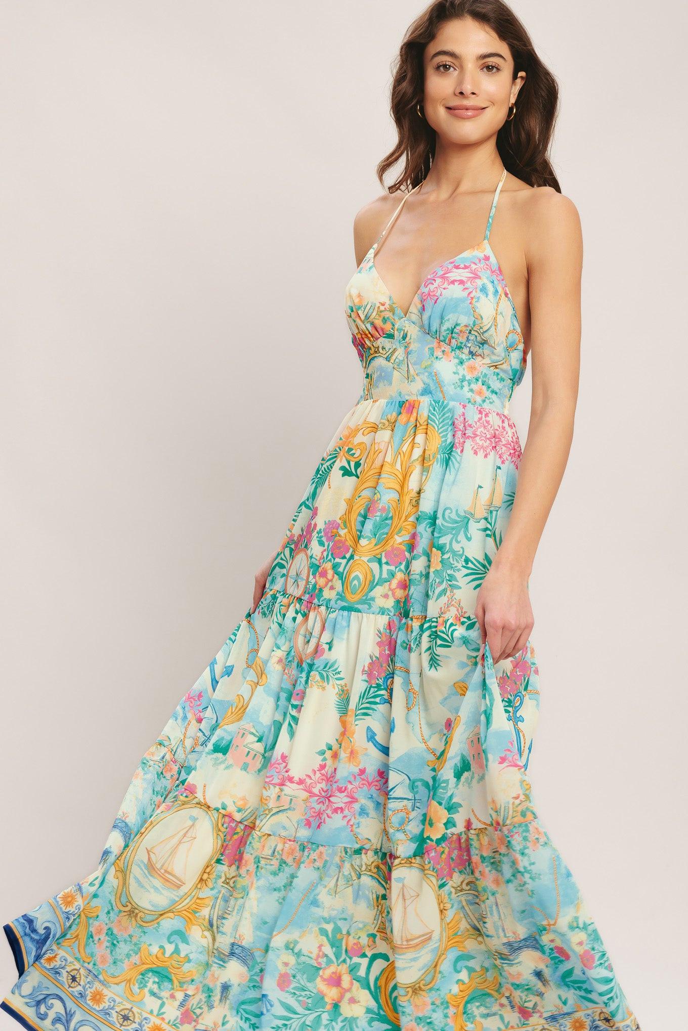 Women's woven maxi dress with multicolor floral and foliage print, spaghetti straps