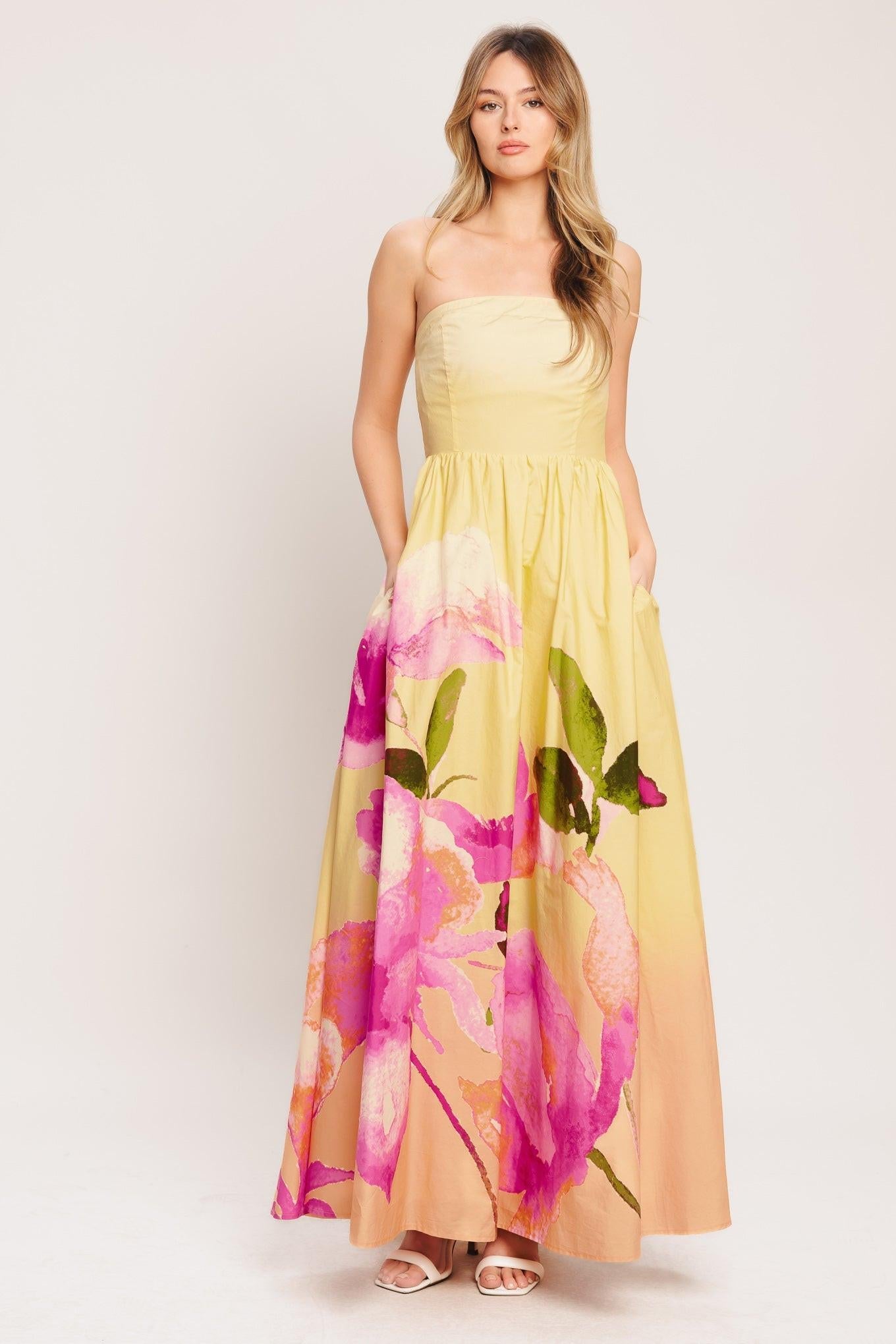 Light yellow strapless maxi dress with pink floral and green leaf print panels