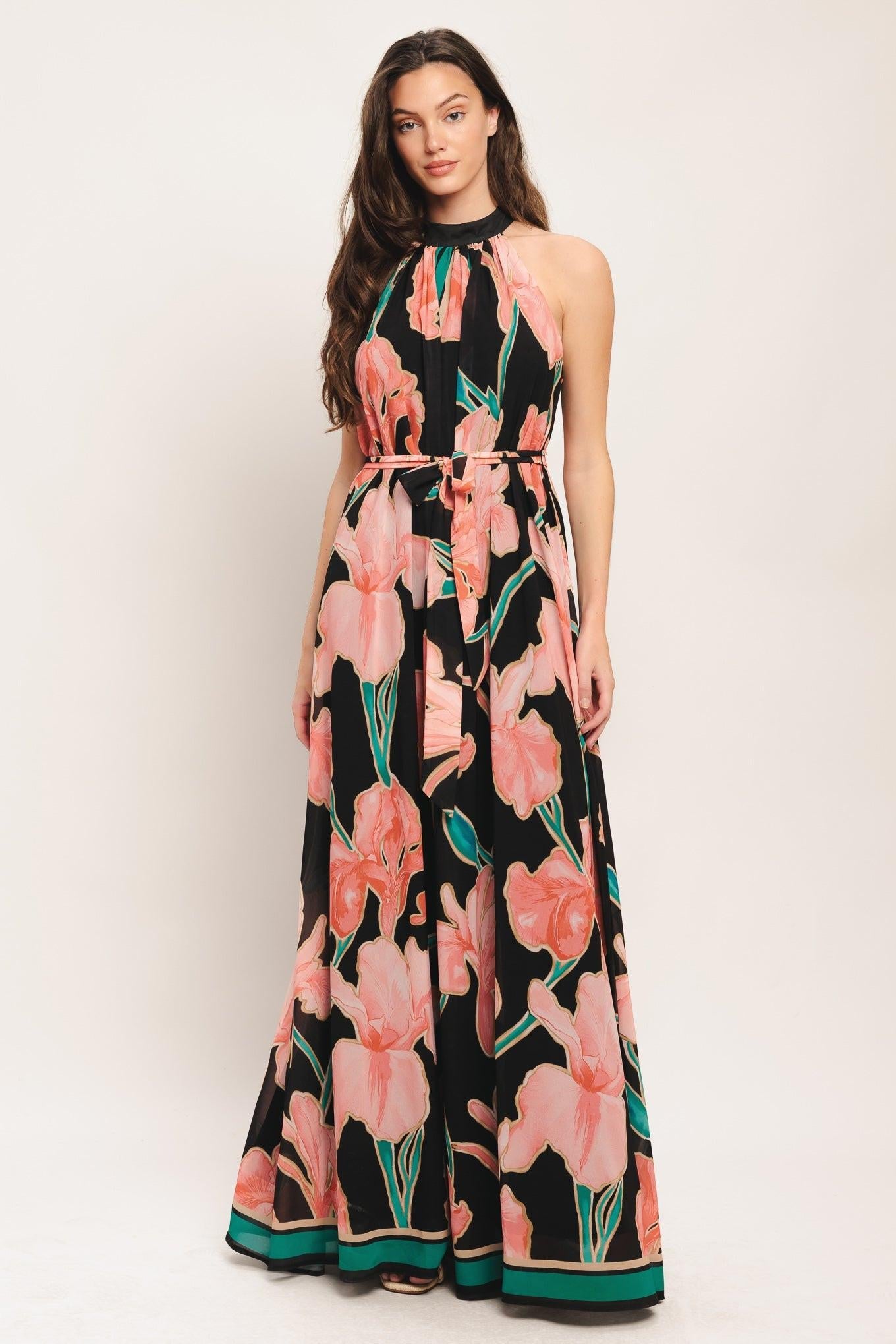Black floral woven maxi dress, sleeveless halter neck, tie waist, teal trim