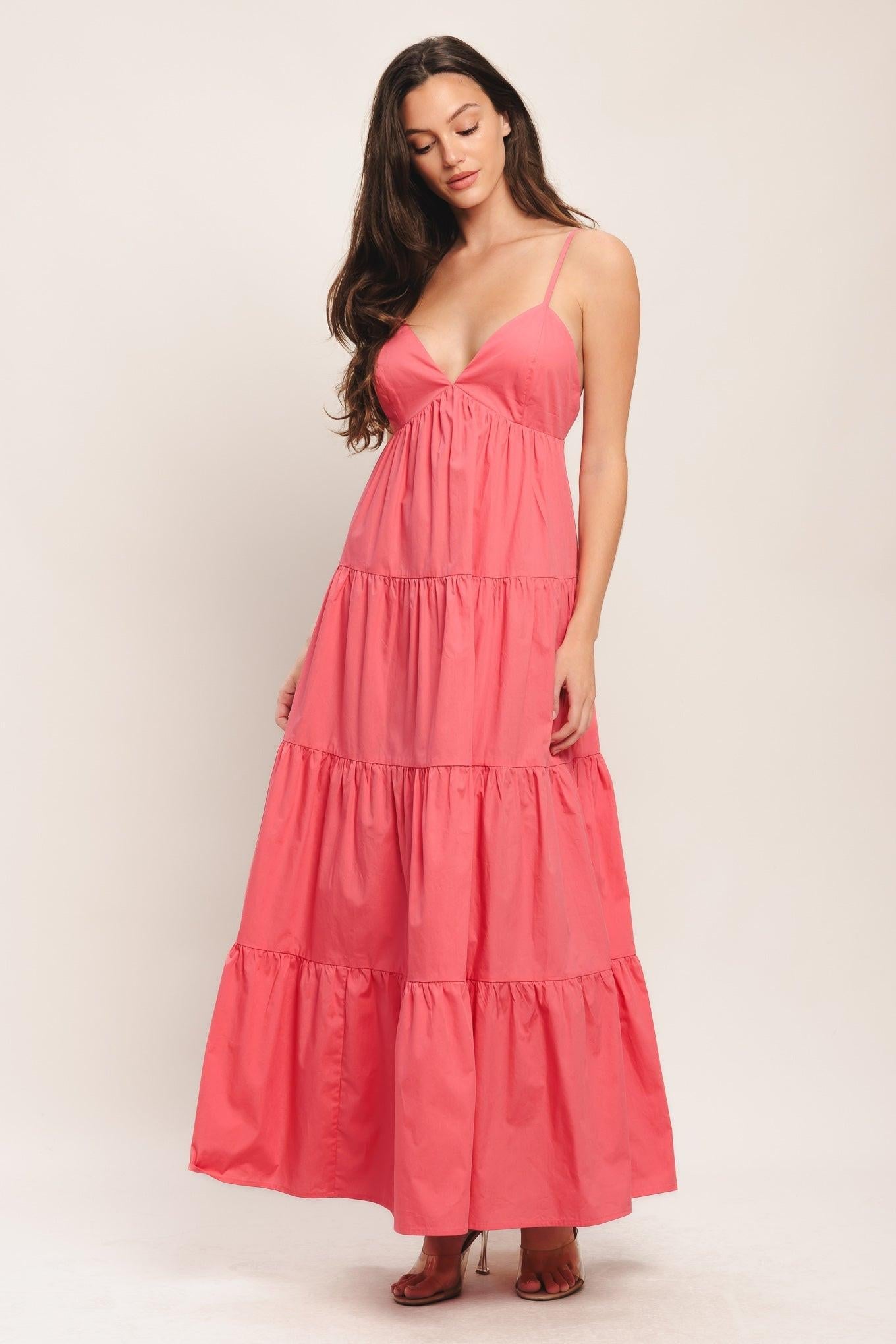 Coral woven ankle dress with tiered ruffles and V-neck spaghetti straps