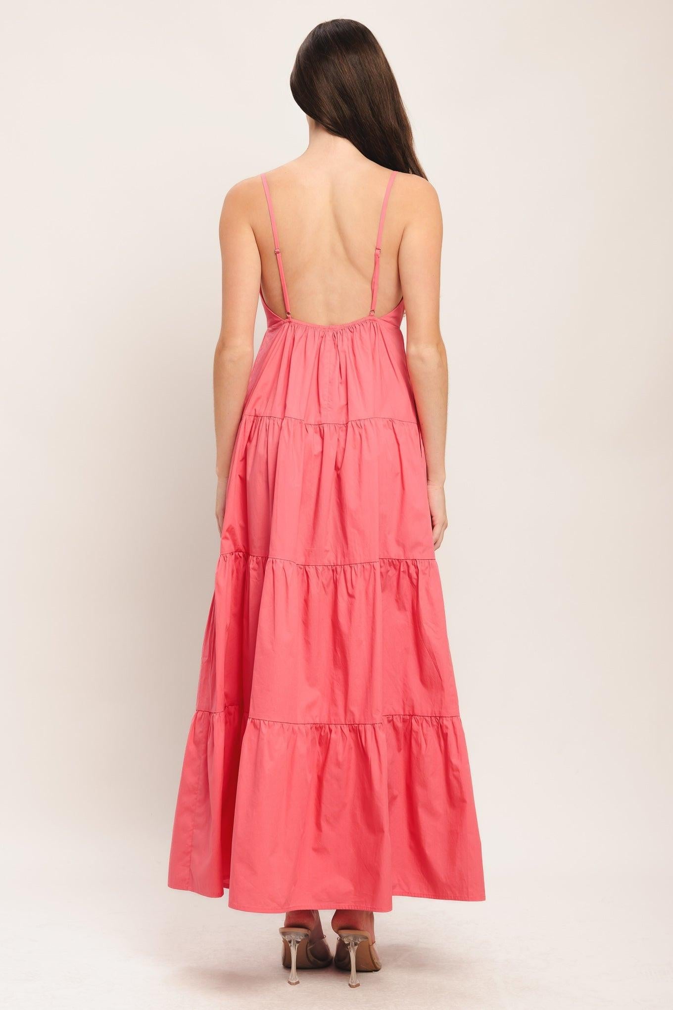 Coral woven ankle dress back view with racerback and tiered ruffle skirt