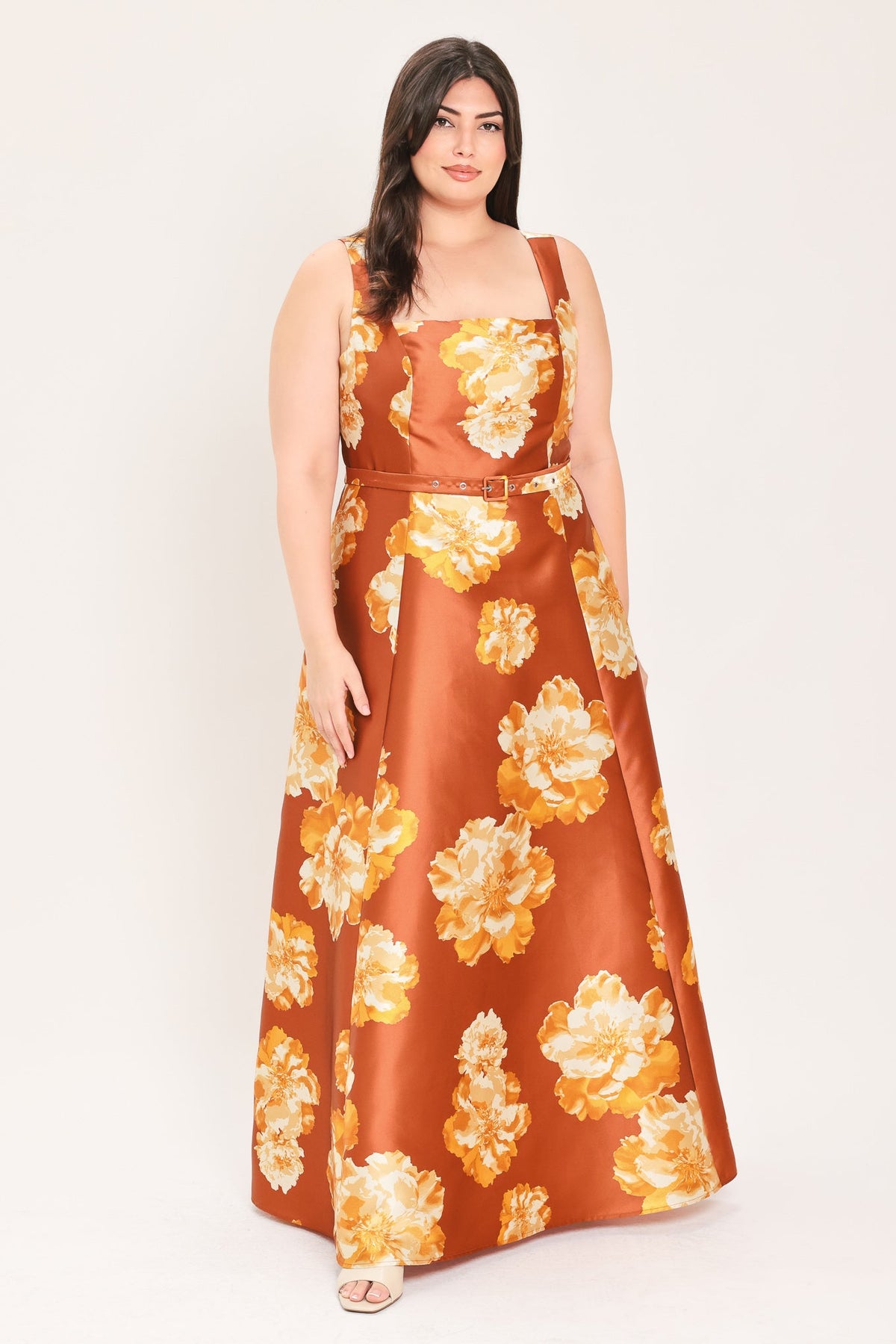 Rust maxi dress with bright floral print, sleeveless square neck, gathered waist belt