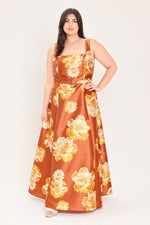 Rust maxi dress with large orange floral blooms, sleeveless square neck, cinched waist belt