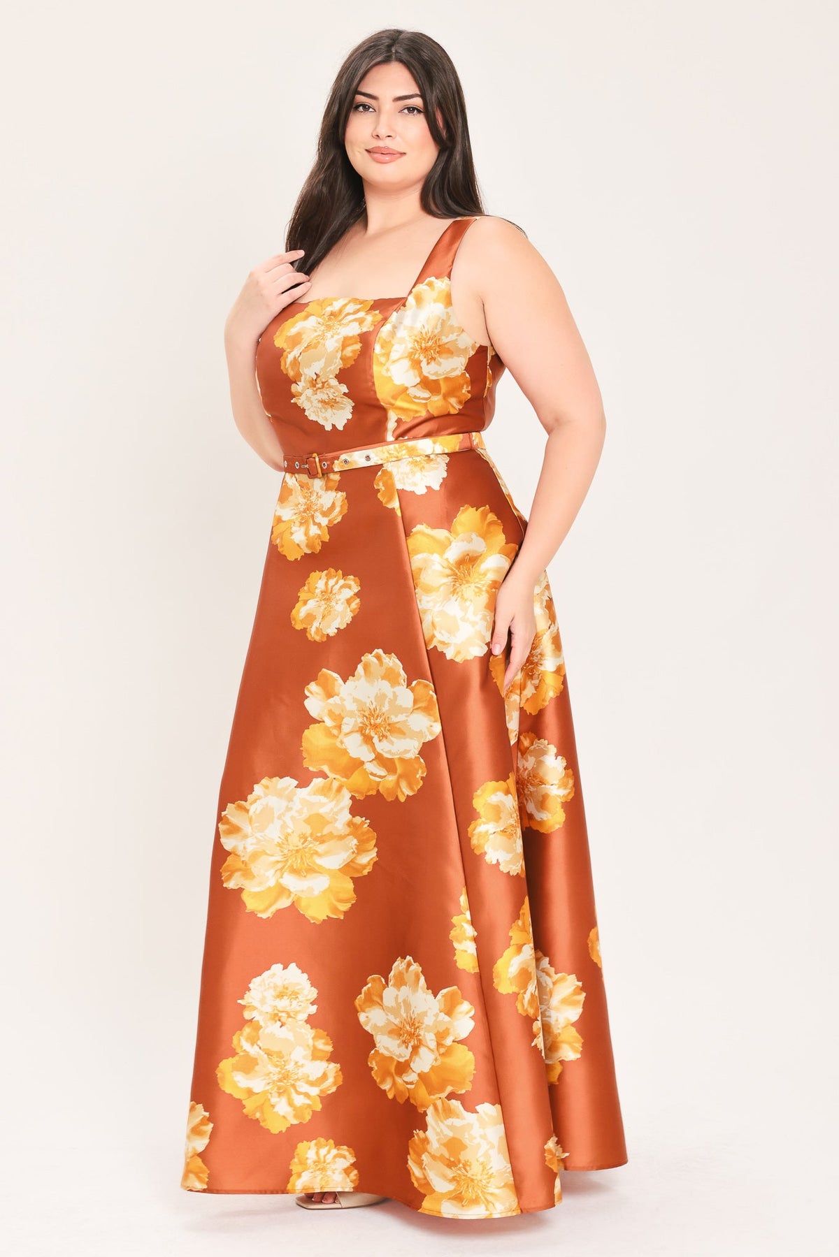 Rust maxi dress with orange and cream floral pattern, square neckline, sleeveless belt