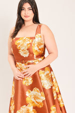Rust sleeveless maxi dress with cream and orange floral print, wide belt, square neckline