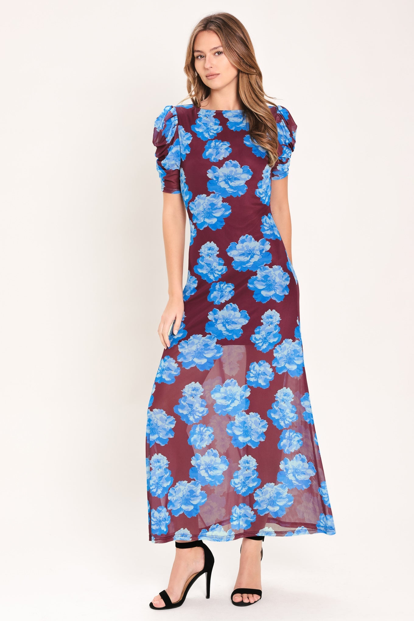 Wine midi mesh dress with blue floral print, short puff sleeves, crew neckline.