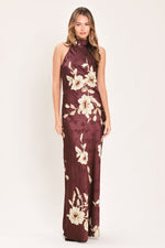 Burgundy floral woven maxi dress with sleeveless high neck and straight long skirt