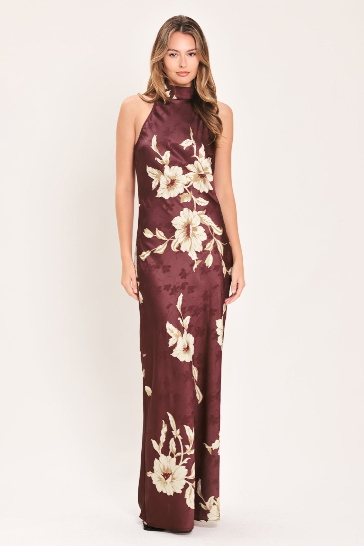 Burgundy floral woven maxi dress with sleeveless high neck and straight long skirt