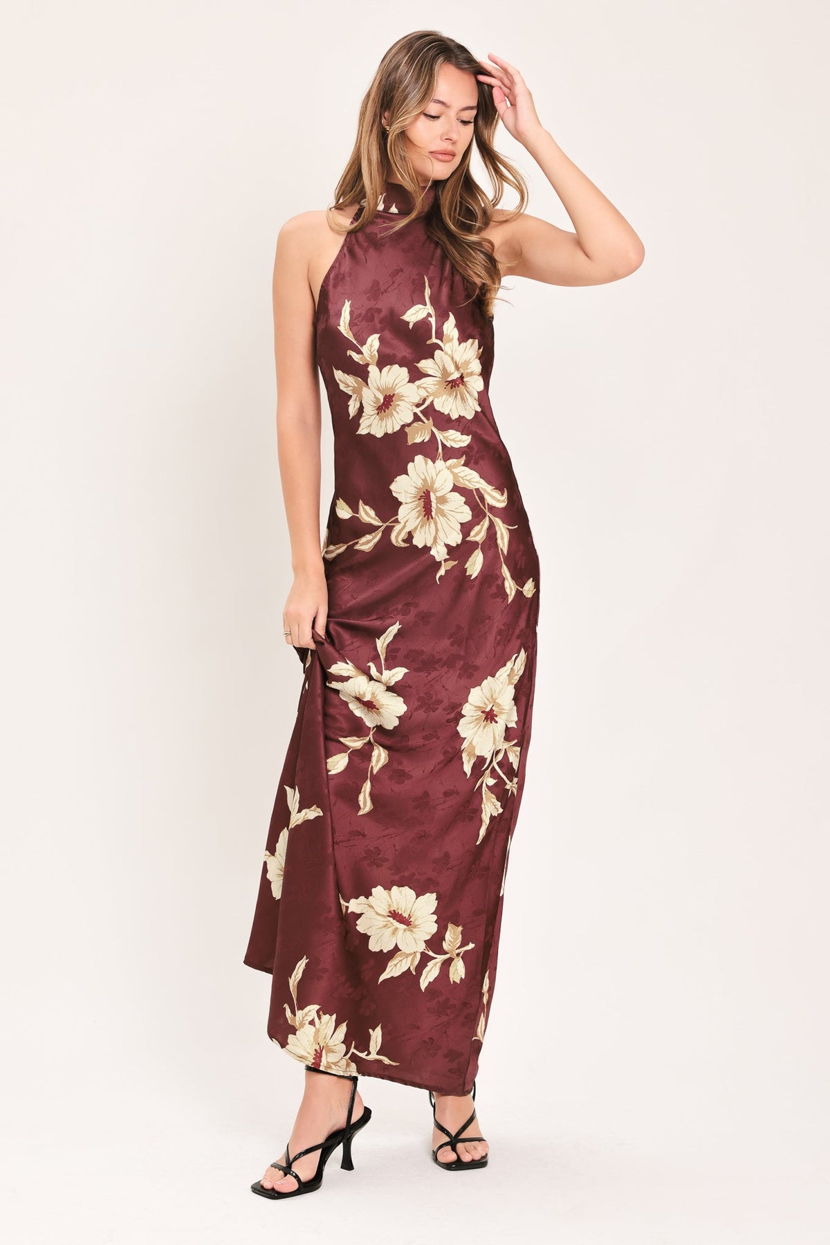 Burgundy floral woven maxi dress with sleeveless high neck and side slit
