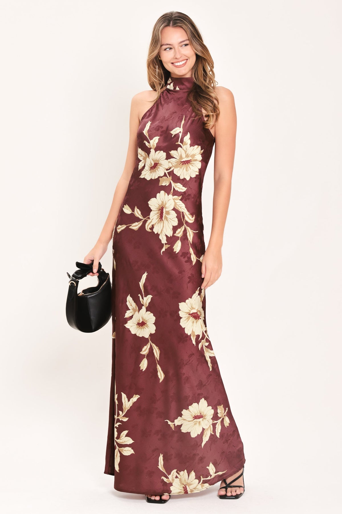 Burgundy floral woven maxi dress with sleeveless high neck and center slit
