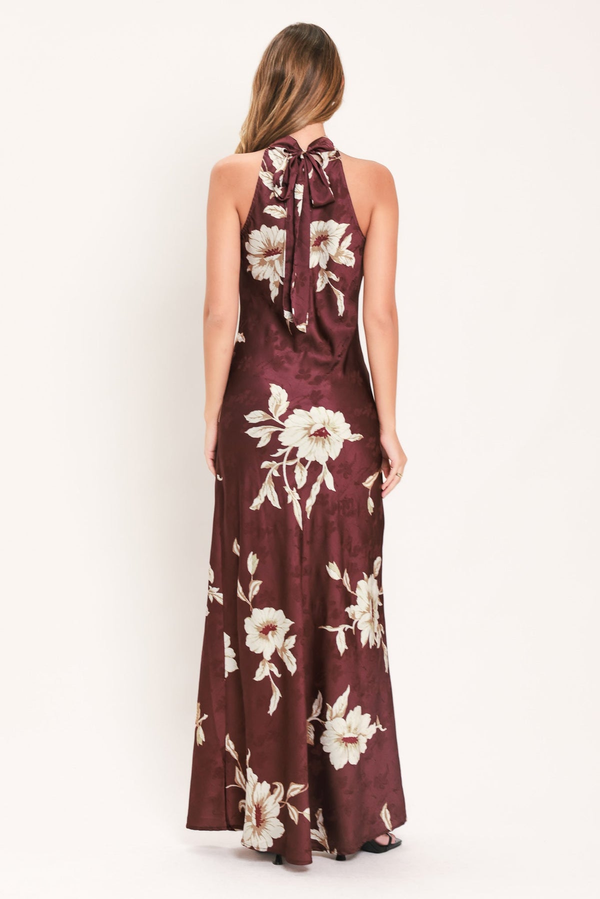 Burgundy floral woven maxi dress with back bow and sleeveless high neck