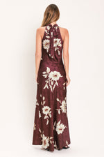 Burgundy floral woven maxi dress with back bow and sleeveless high neck