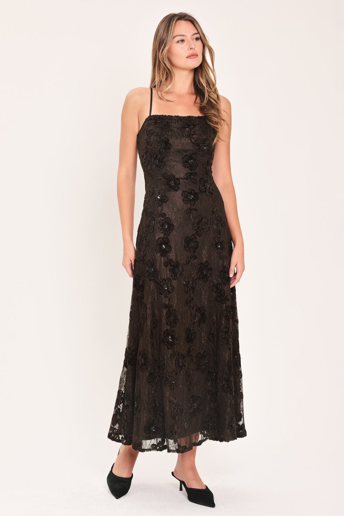 Dark brown sleeveless strappy ankle-length dress with textured lace and scalloped hem