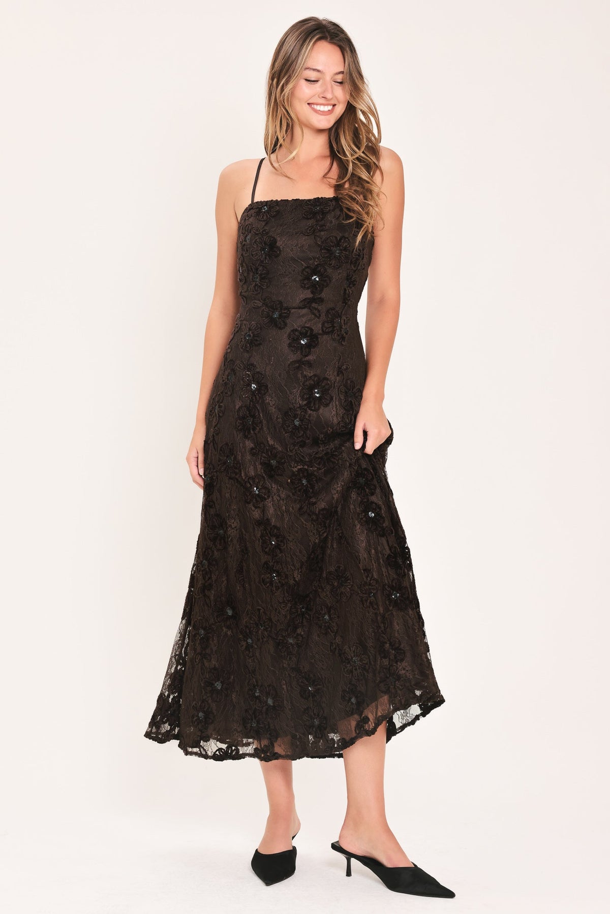 Dark brown sleeveless strappy ankle-length lace dress with allover floral texture