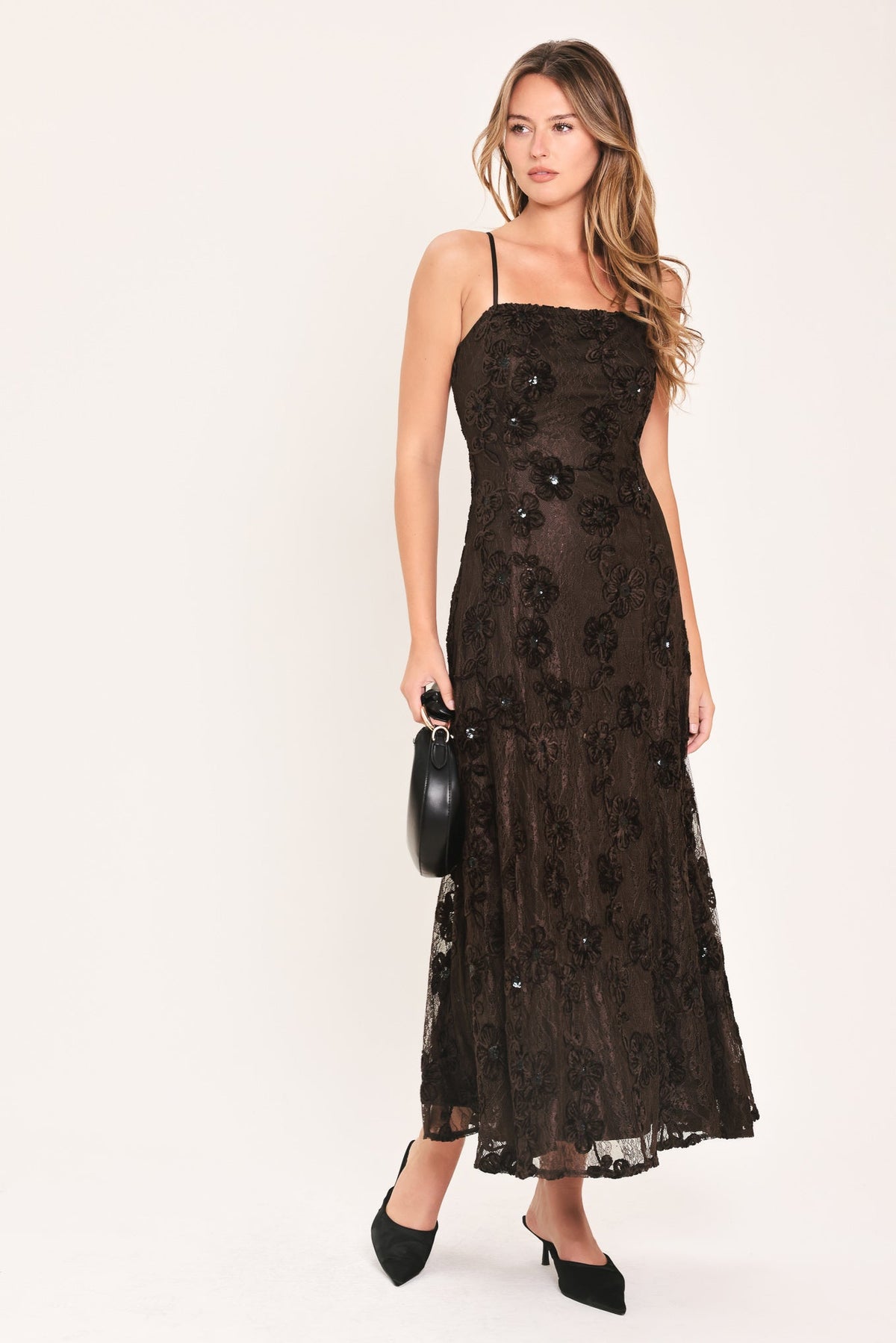 Dark brown strappy ankle dress in textured lace with floral embellishments