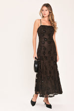Dark brown strappy ankle dress in textured lace with floral embellishments