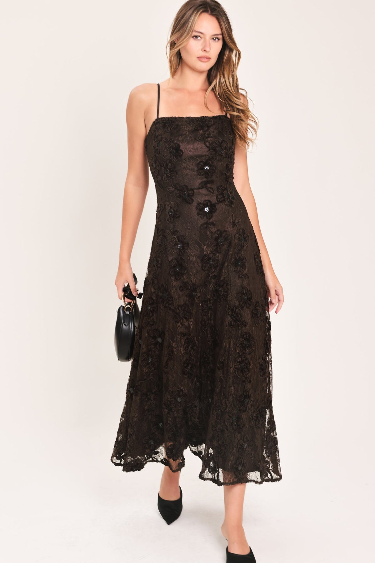 Dark brown sleeveless strappy ankle-length dress with floral textured lace overlay