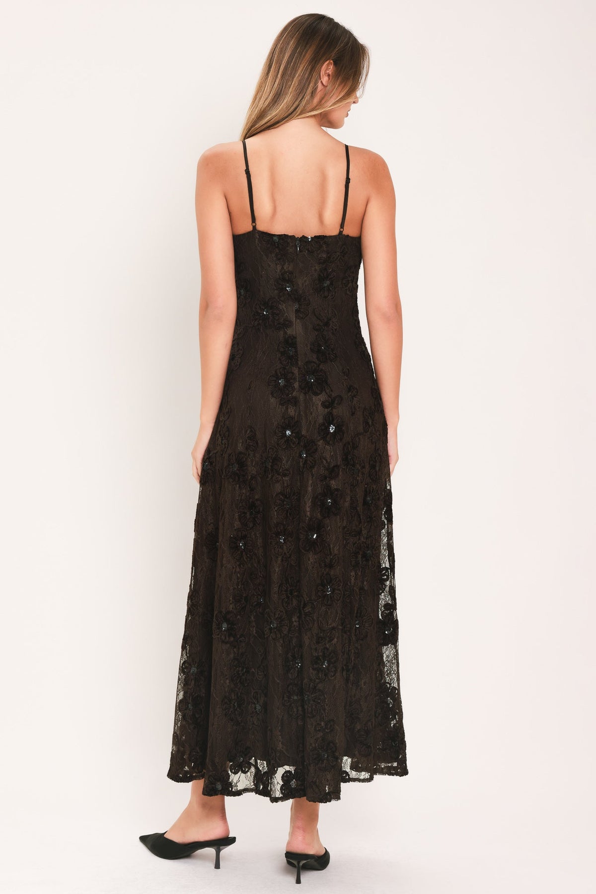 Back view of dark brown sleeveless strappy lace ankle dress with open back
