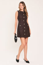 Chocolate tweed sleeveless mini dress with flower sequin button front and straight skirt