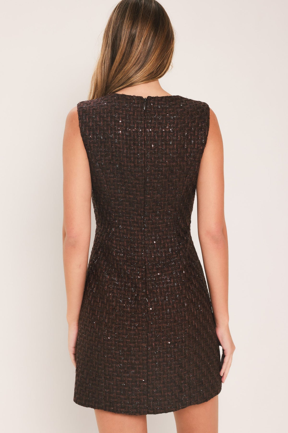 Chocolate tweed mini dress, sleeveless back with centered button line