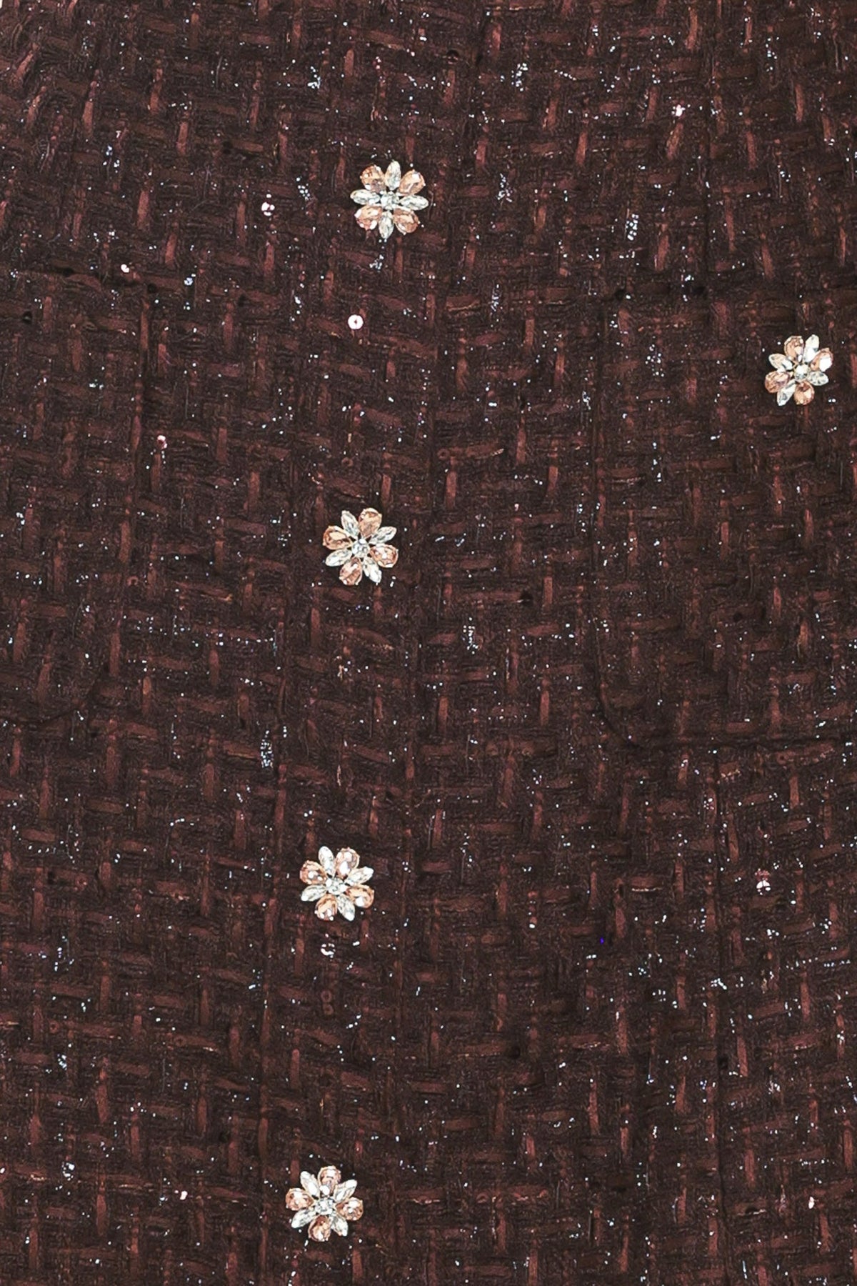 Chocolate sequin tweed mini dress with floral embellishments