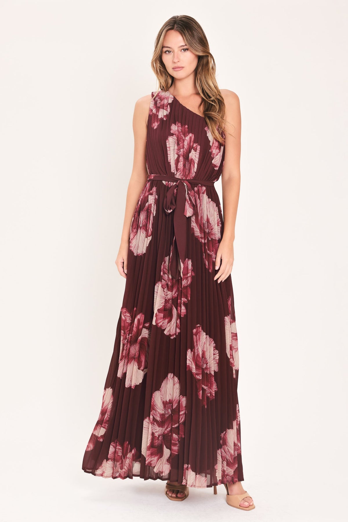 Burgundy one-shoulder maxi dress with pleated bodice and floral print, tie waist