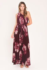 Burgundy one-shoulder maxi dress with pink floral print, pleated skirt, tied waist