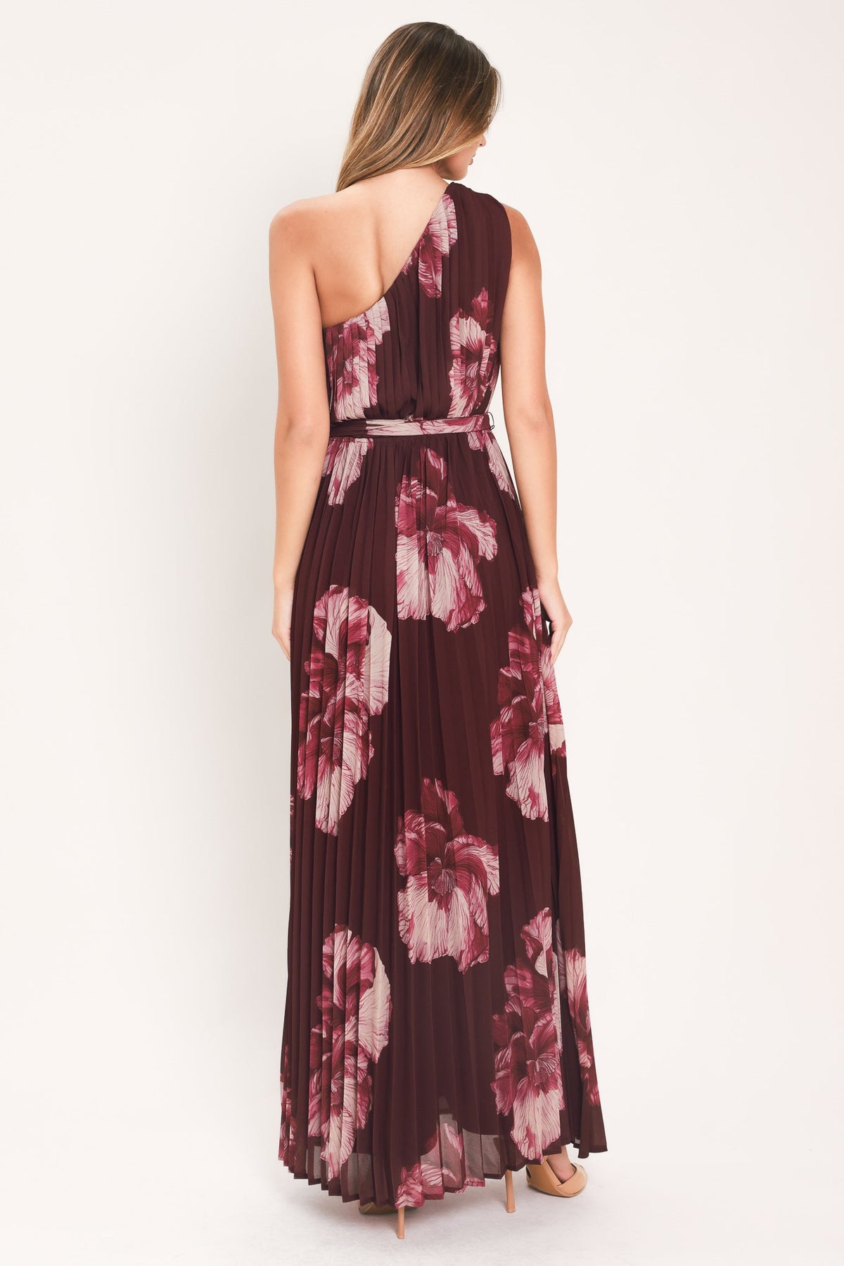 Burgundy one-shoulder maxi dress with pink floral print, open back and tied waist