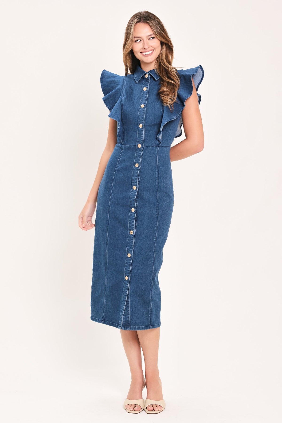 Medium indigo denim midi dress with ruffled cap sleeves and gold button front