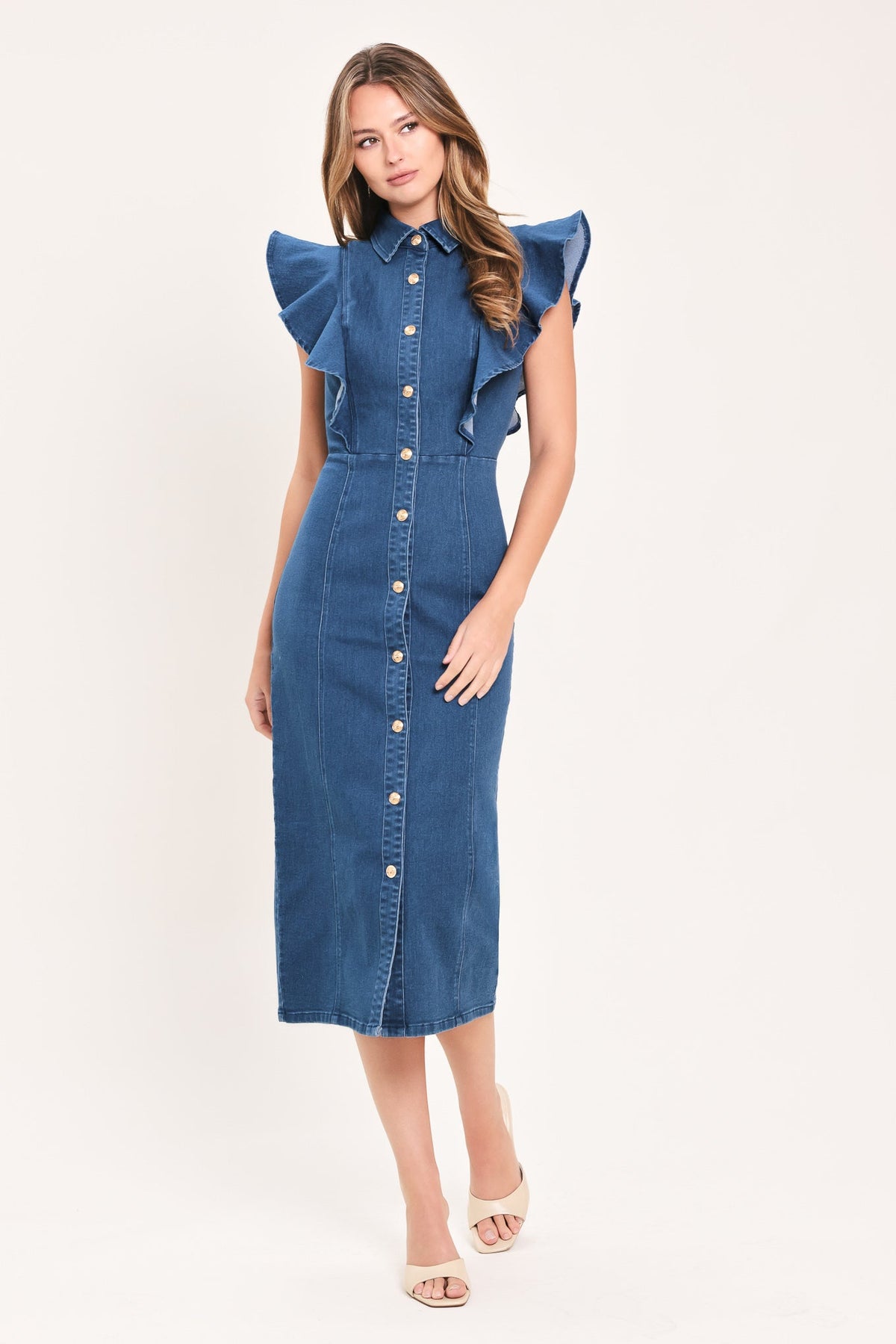 Medium indigo denim midi dress with sweetheart neckline, ruffled sleeves, and gold buttons
