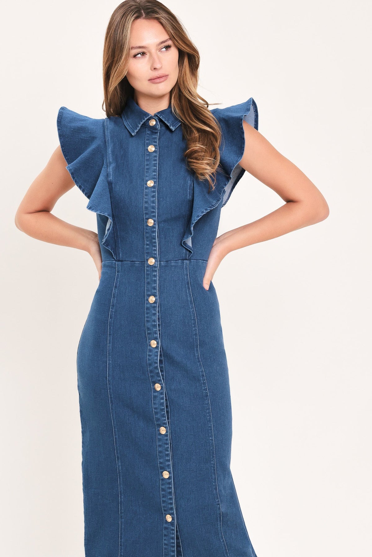 Medium indigo denim midi dress with ruffled shoulders and button-down center front
