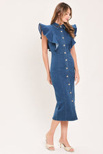 Medium indigo denim midi dress with ruffled shoulders, fitted waist, and button front
