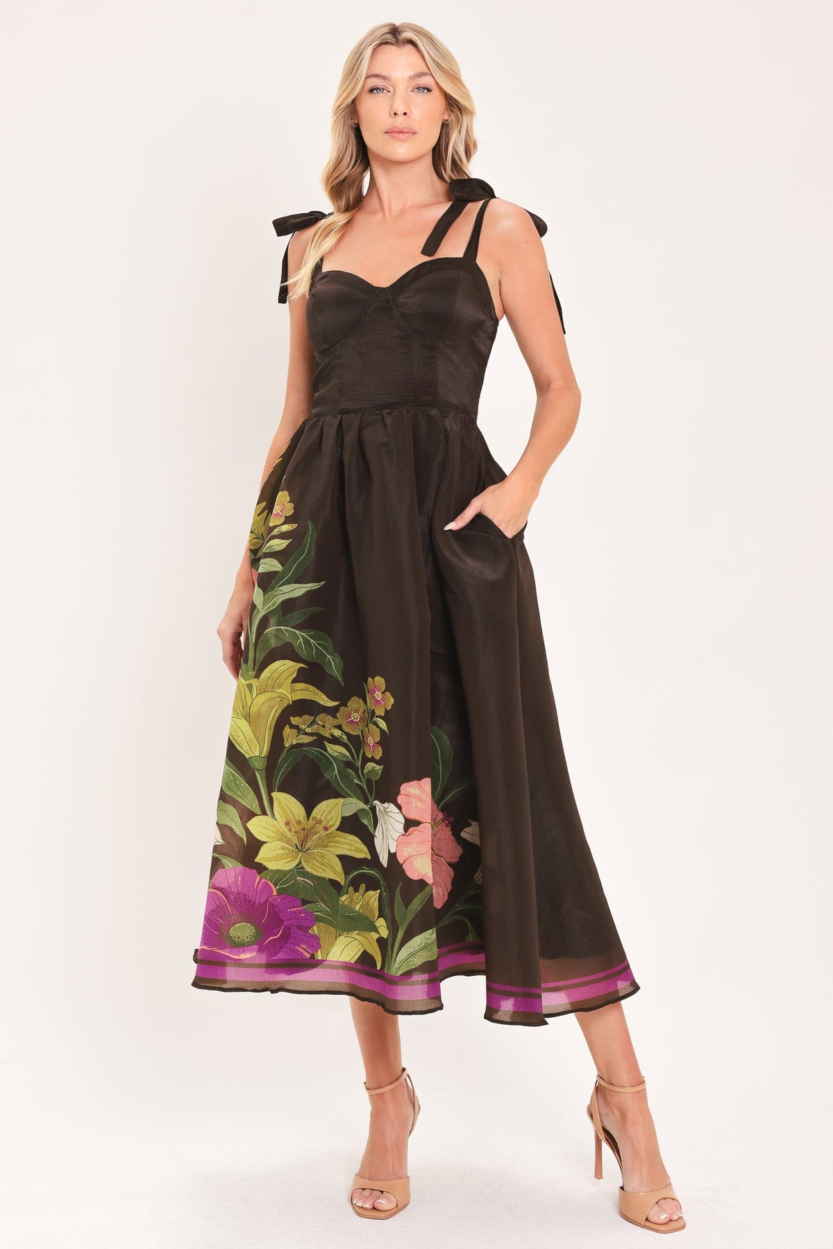Brown woven midi dress with sleeveless bodice, floral border and gathered skirt