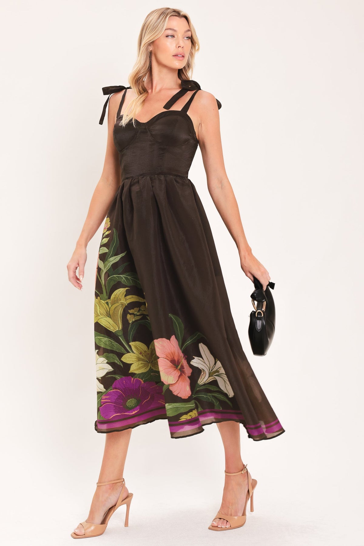 Brown woven midi dress with bow tie shoulder straps and floral side panel