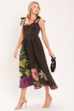 Brown woven midi dress with bow tie shoulder straps and floral side panel