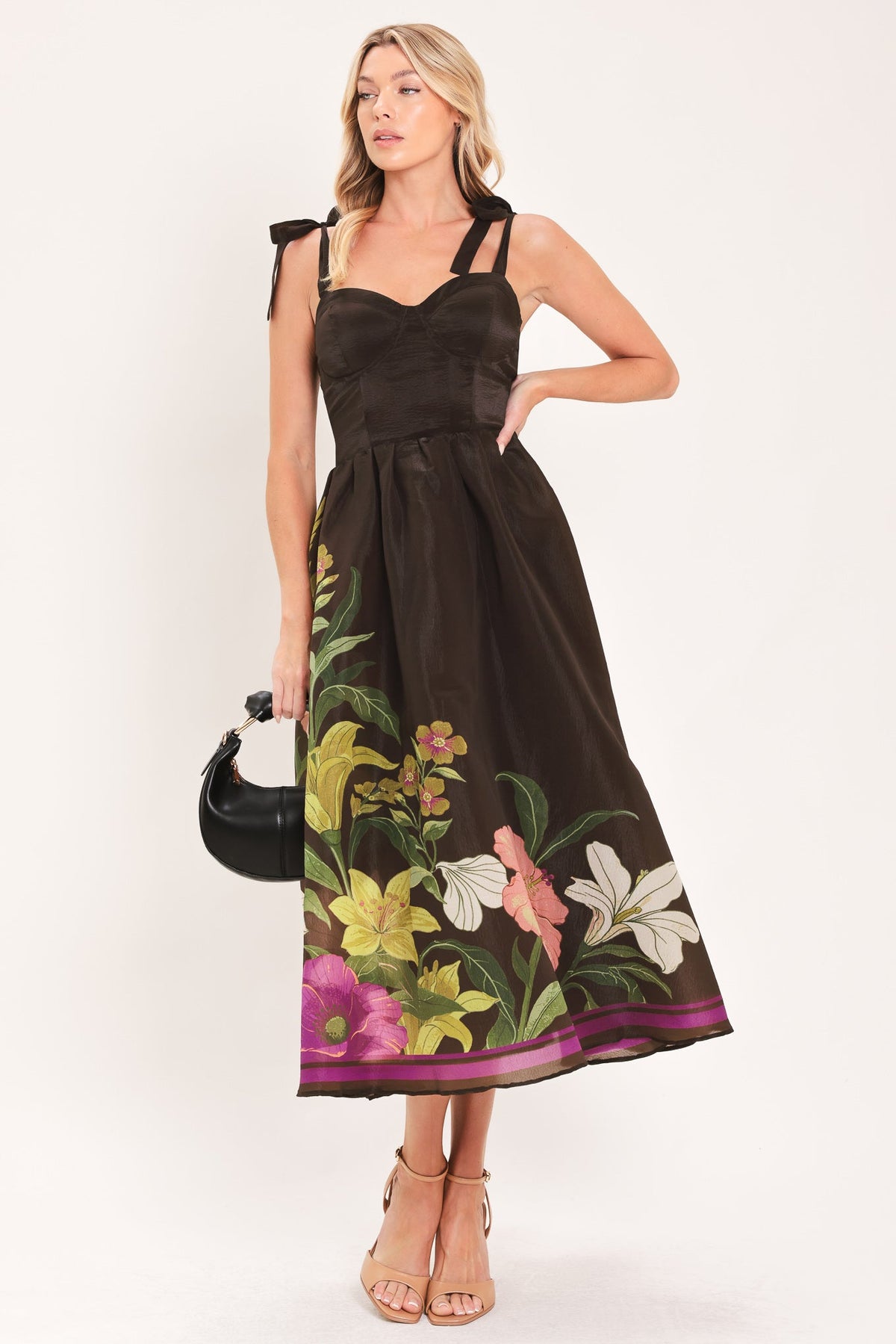 Brown woven midi dress with floral border hem, bow tie shoulder straps