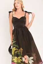 Brown woven midi dress with sweetheart bodice and floral print side hem trim