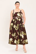 Woven midi dress in wine with floral print, square neck, spaghetti straps