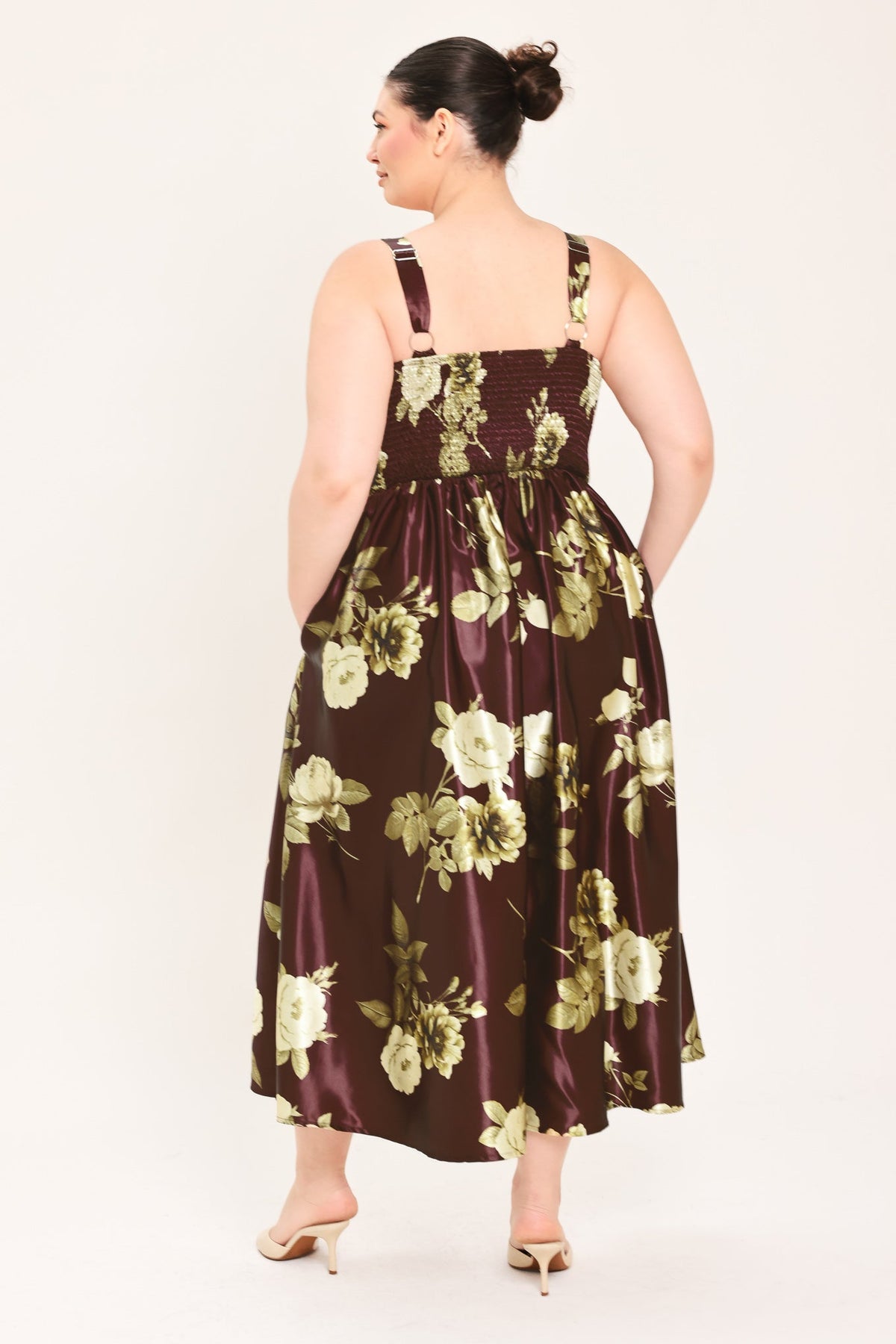 Woven midi dress in wine with floral print, scoop back, spaghetti straps