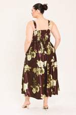 Woven midi dress in wine with floral print, scoop back, spaghetti straps