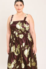Plus-size front view of wine woven midi dress with cream floral print and thin straps.