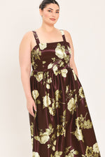 Wine woven midi dress front with thin straps and large cream floral bouquets print.