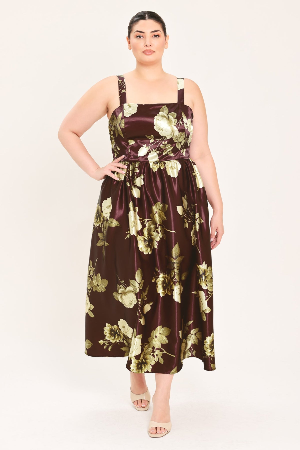 Wine floral woven midi dress with spaghetti straps and A-line gathered skirt.