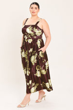 Wine floral woven midi dress with square neckline, spaghetti straps, and gathered skirt.