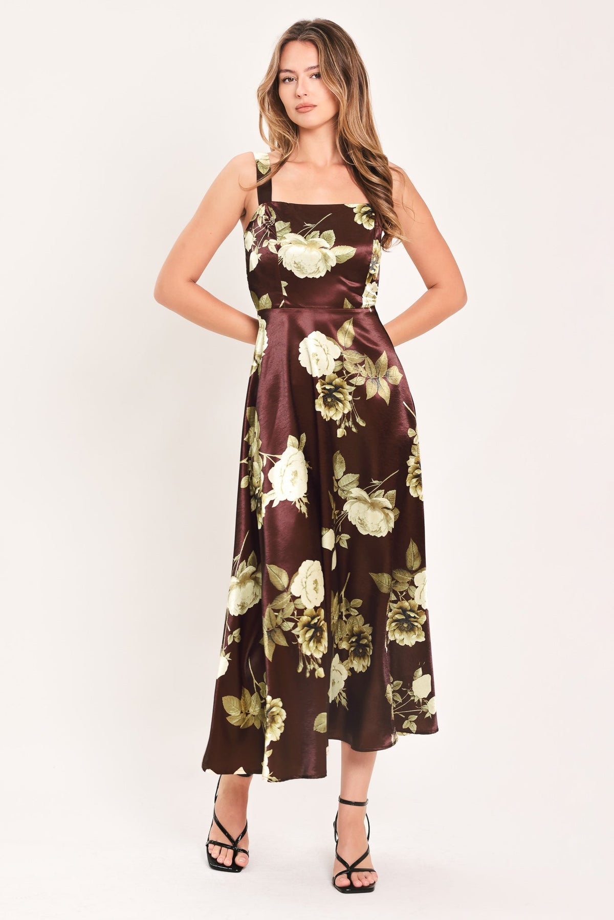 Wine woven midi dress with square neckline and cream rose floral print, sleeveless.