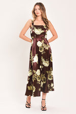 Wine woven midi dress with square neckline and cream rose floral print, sleeveless.