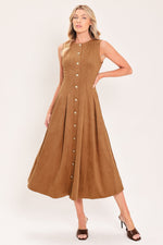 Camel faux suede midi swing dress, sleeveless round neck, gold button front