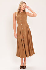 Camel faux suede midi dress with gold button front and pleated swing skirt, sleeveless