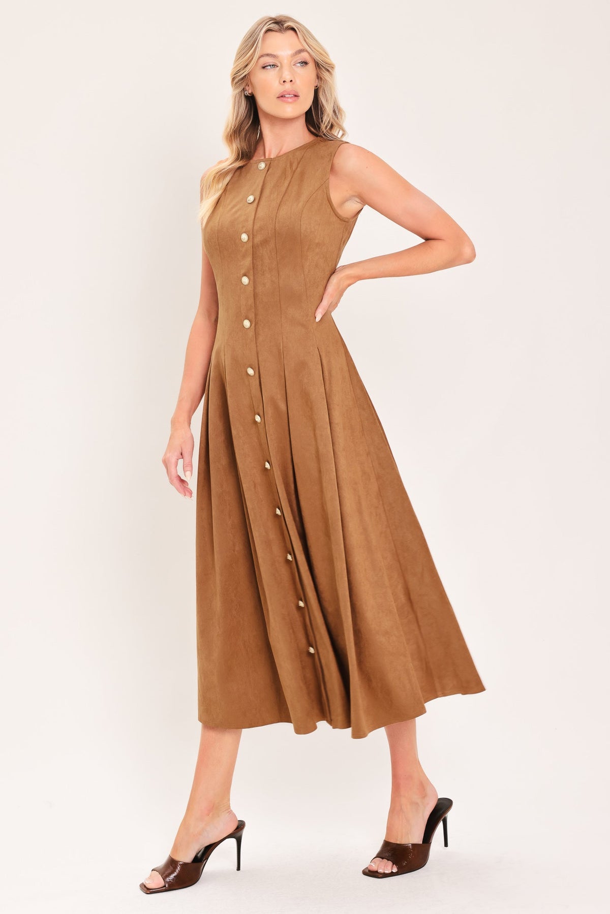 Camel suede-like midi swing dress, sleeveless round neck, vertical gold button placket