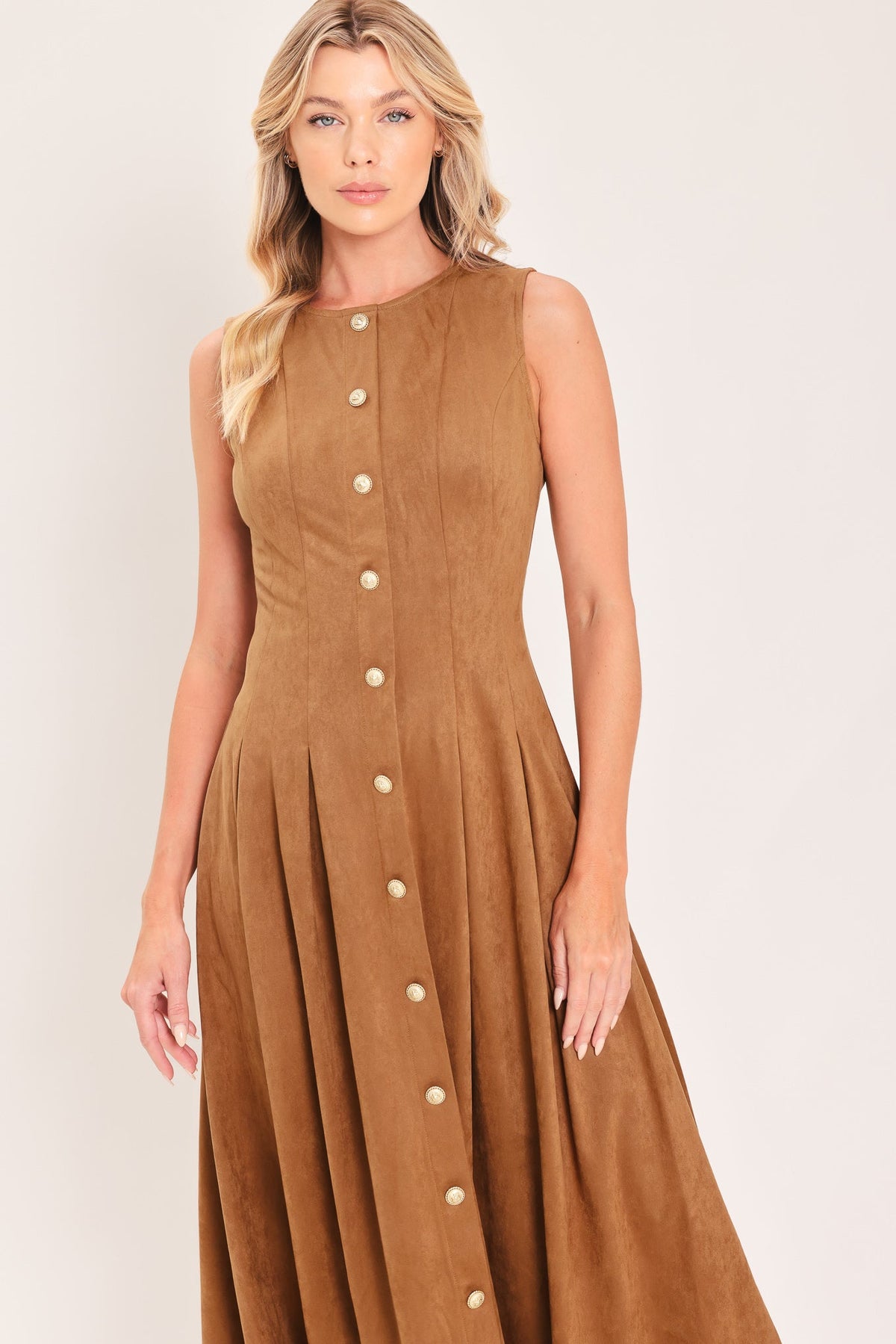 Camel sleeveless midi dress with round neck, gold buttons, pleated A-line skirt